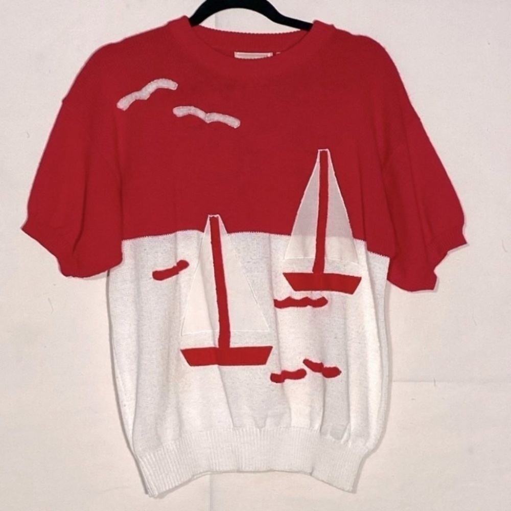 Vintage Marella Red and White Short Sleeve Sailboat Knit Sweater M
